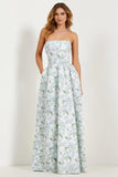 Vestido de Dama de Honor Comprido Azul Branca com Estampado Floral Sem Alças e Linha A