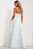 Vestido de Dama de Honor Comprido Azul Branca com Estampado Floral Sem Alças e Linha A