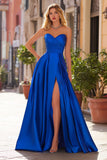 Royal Blue A-Line plissado querida cetim longo vestido de baile com fenda