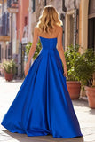 Royal Blue A-Line plissado querida cetim longo vestido de baile com fenda
