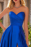 Royal Blue A-Line plissado querida cetim longo vestido de baile com fenda