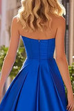 Royal Blue A-Line plissado querida cetim longo vestido de baile com fenda