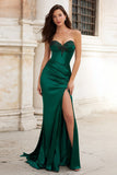 Sereia Verde Escuro Querida Appliqued Long Satin Prom Dress com Fenda