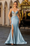 Vestido de Baile de Finalistas Longo com Espartilho Azul Sereia Coberto de Missangas