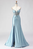 Vestido de Baile de Finalistas Longo com Espartilho Azul Sereia Coberto de Missangas
