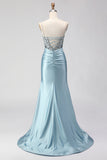 Vestido de Baile de Finalistas Longo com Espartilho Azul Sereia Coberto de Missangas
