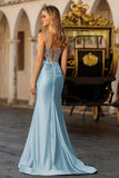 Vestido de Baile de Finalistas Longo com Espartilho Azul Sereia Coberto de Missangas