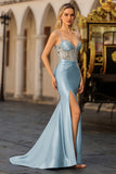 Vestido de Baile de Finalistas Longo com Espartilho Azul Sereia Coberto de Missangas