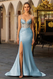 Vestido de Baile de Finalistas Longo com Espartilho Azul Sereia Coberto de Missangas