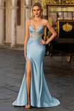 Vestido de Baile de Finalistas Longo com Espartilho Azul Sereia Coberto de Missangas