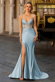 Vestido de Baile de Finalistas Longo com Espartilho Azul Sereia Coberto de Missangas