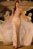 Vestido de Baile Longo com Espartilhos de Sereia de Champanhe Brilhante e Lantejoulas