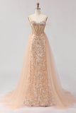 Espartilho de sereia de champanhe brilhante, vestido longo de baile de finalistas com contas