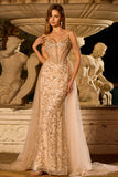 Vestido de Baile Longo com Espartilhos de Sereia de Champanhe Brilhante e Lantejoulas