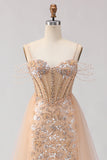 Espartilho de sereia de champanhe brilhante, vestido longo de baile de finalistas com contas