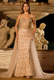 Vestido de Baile Longo com Espartilhos de Sereia de Champanhe Brilhante e Lantejoulas