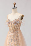 Espartilho de sereia de champanhe brilhante, vestido longo de baile de finalistas com contas