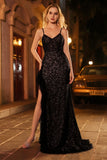 Vestido de baile de finalistas preto brilhante com lentejoulas, espartilho com missangas e abertura de folhos