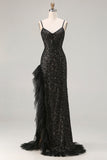 Vestido de baile de finalistas preto brilhante com lentejoulas, espartilho com missangas e abertura de folhos