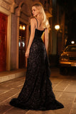 Vestido de baile de finalistas preto brilhante com lentejoulas, espartilho com missangas e abertura de folhos