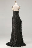 Vestido de baile de finalistas preto brilhante com lentejoulas, espartilho com missangas e abertura de folhos