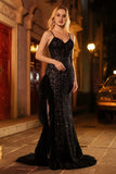 Vestido de baile de finalistas preto brilhante com lentejoulas, espartilho com missangas e abertura de folhos
