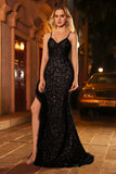 Vestido de baile de finalistas preto brilhante com lentejoulas, espartilho com missangas e abertura de folhos
