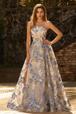 Vestidos de Baile Espartilho Azul Empoeirado Sem Alças Longo em Floral com Fenda