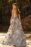 Vestidos de Baile Espartilho Azul Empoeirado Sem Alças Longo em Floral com Fenda