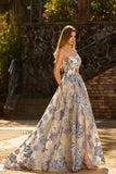 Vestidos de Baile Espartilho Azul Empoeirado Sem Alças Longo em Floral com Fenda