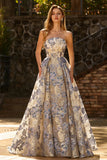 Vestidos de Baile Espartilho Azul Empoeirado Sem Alças Longo em Floral com Fenda
