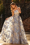 Vestidos de Baile Espartilho Azul Empoeirado Sem Alças Longo em Floral com Fenda