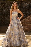 Vestidos de Baile Espartilho Azul Empoeirado Sem Alças Longo em Floral com Fenda