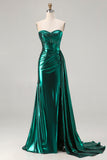 Vestido de baile de finalistas Verde Escuro Espartilho Metálico Sem Alças