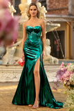Vestido de baile de finalistas Verde Escuro Espartilho Metálico Sem Alças