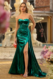 Vestido de baile de finalistas Verde Escuro Espartilho Metálico Sem Alças