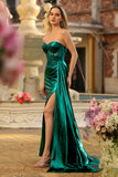 Vestido de baile de finalistas Verde Escuro Espartilho Metálico Sem Alças