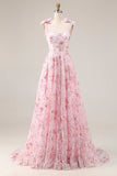 Vestido longo de baile de finalistas com laços de finalistas cor-de-rosa brilhante em linha A