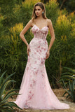 Espartilho Rosa Sereia Floral Renda Vestido de Baile Comprido com Lantejoulas