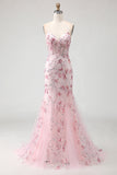 Espartilho floral rosa brilhante sereia longo vestido de baile com lantejoulas