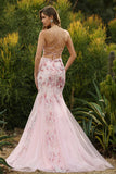 Espartilho Rosa Sereia Floral Renda Vestido de Baile Comprido com Lantejoulas
