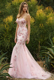 Espartilho Rosa Sereia Floral Renda Vestido de Baile Comprido com Lantejoulas