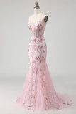 Espartilho floral rosa brilhante sereia longo vestido de baile com lantejoulas