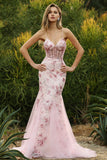 Espartilho Rosa Sereia Floral Renda Vestido de Baile Comprido com Lantejoulas