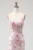 Espartilho floral rosa brilhante sereia longo vestido de baile com lantejoulas
