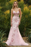 Espartilho Rosa Sereia Floral Renda Vestido de Baile Comprido com Lantejoulas