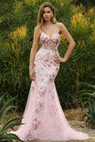 Espartilho Rosa Sereia Floral Renda Vestido de Baile Comprido com Lantejoulas