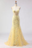 Espartilho amarelo de sereia, renda floral nas costas, vestido comprido de baile com lantejoulas