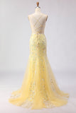 Espartilho amarelo de sereia, renda floral nas costas, vestido comprido de baile com lantejoulas
