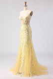 Espartilho amarelo de sereia, renda floral nas costas, vestido comprido de baile com lantejoulas